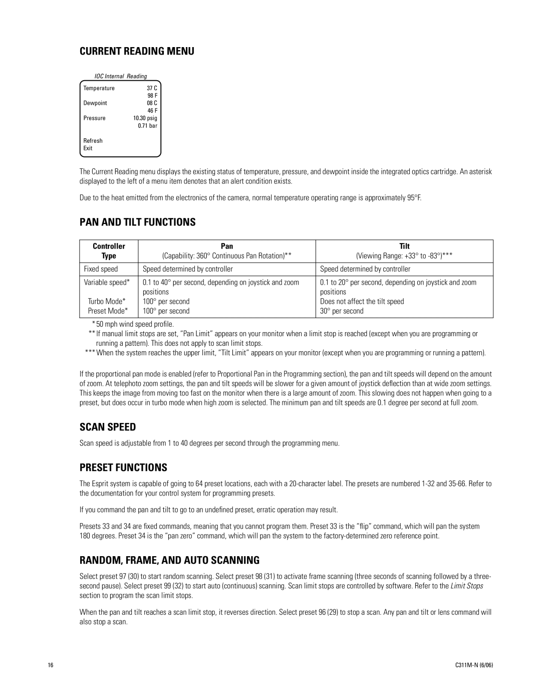 Pelco ES30PC, ES31PC manual Current Reading Menu, Controller Pan Tilt 