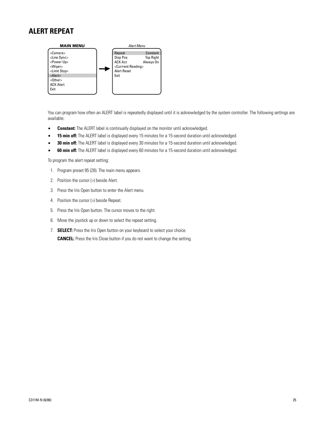 Pelco ES31PC, ES30PC manual Alert Repeat 