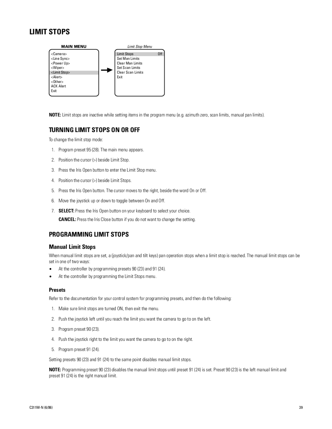 Pelco ES31PC, ES30PC manual Limit Stops, Presets 
