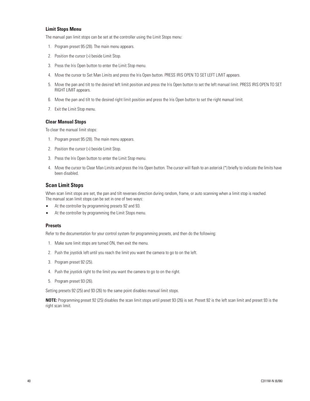 Pelco ES30PC, ES31PC manual Limit Stops Menu, Clear Manual Stops 