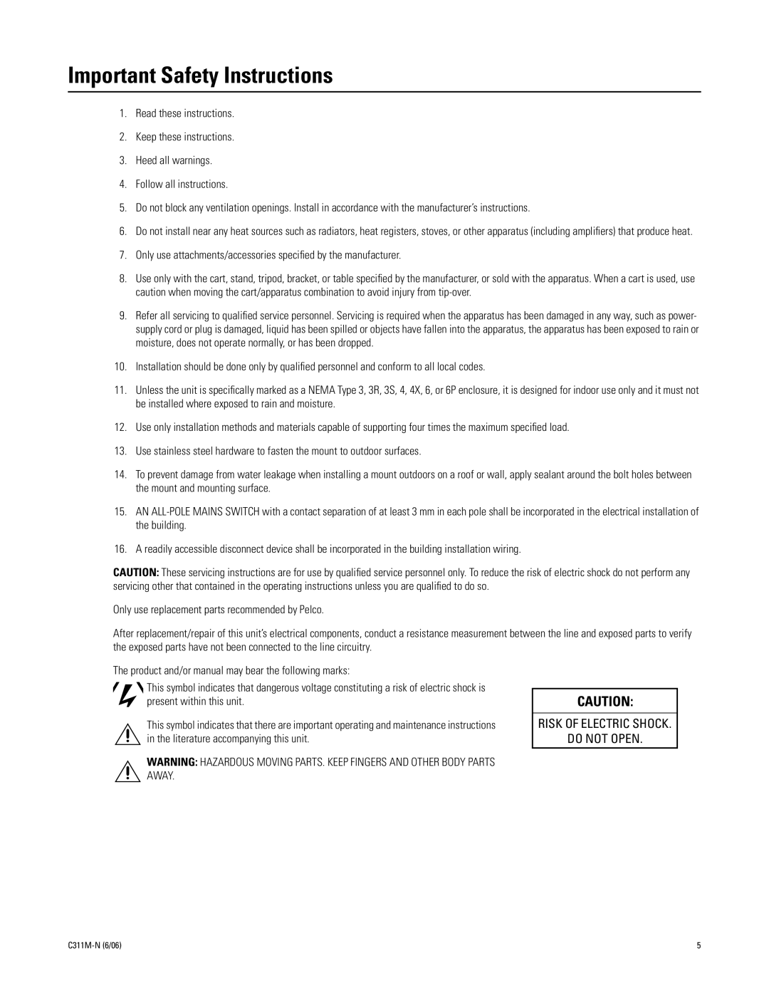 Pelco ES31PC, ES30PC manual Important Safety Instructions 