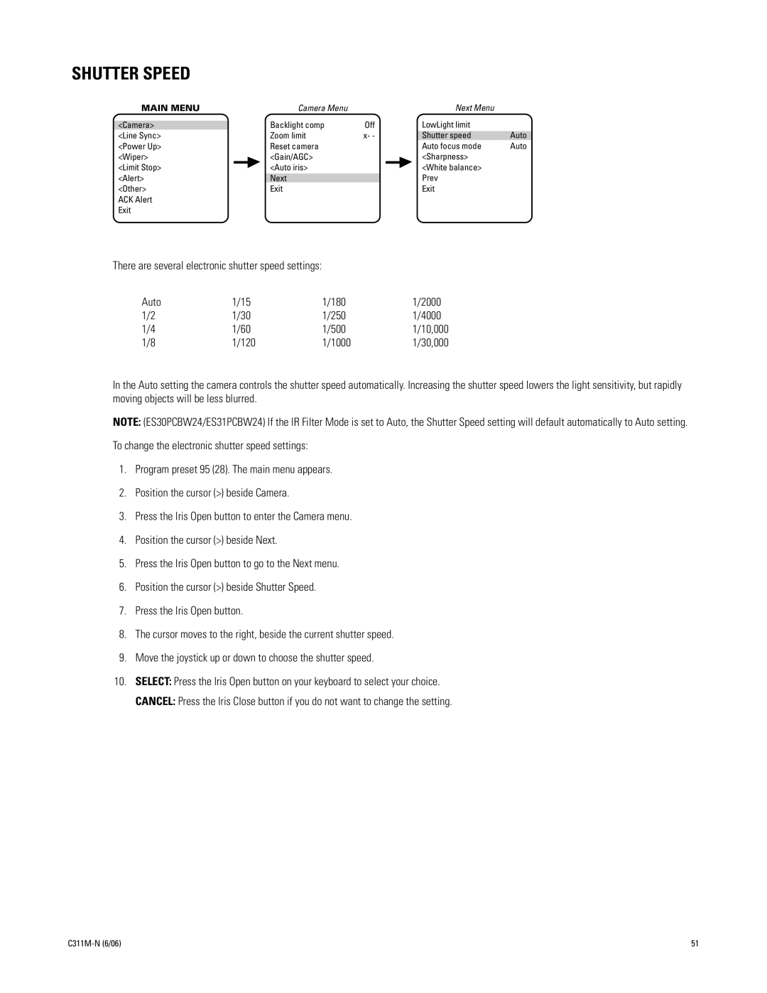 Pelco ES31PC, ES30PC manual Shutter Speed 