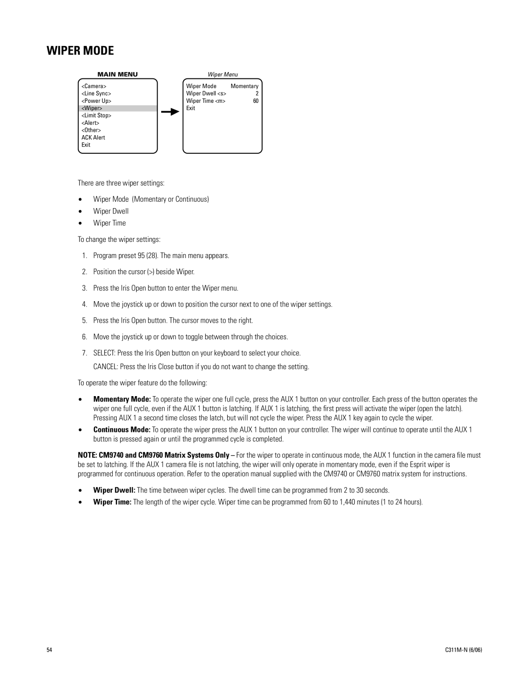 Pelco ES30PC, ES31PC manual Wiper Mode 