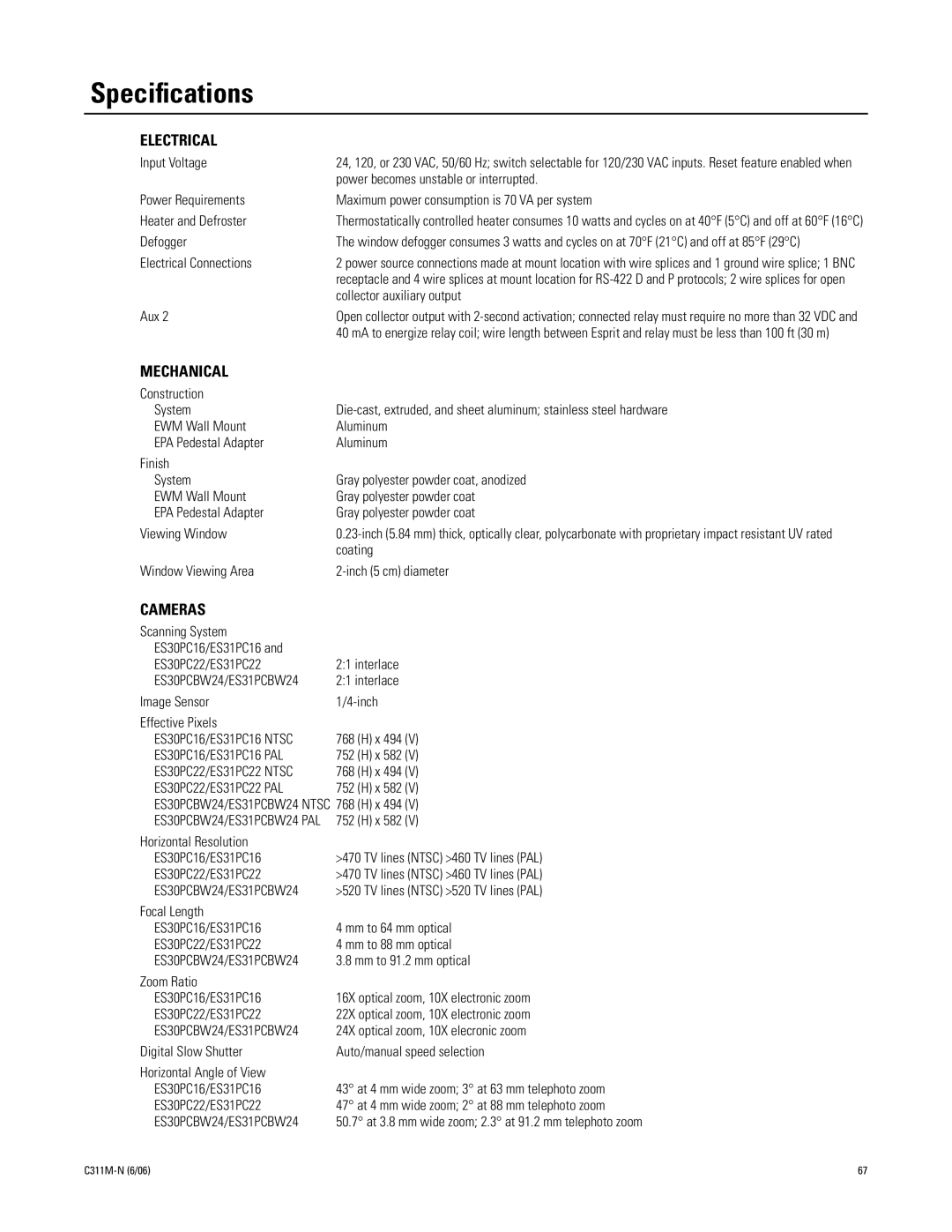 Pelco ES31PC, ES30PC manual Speciﬁcations, Electrical 