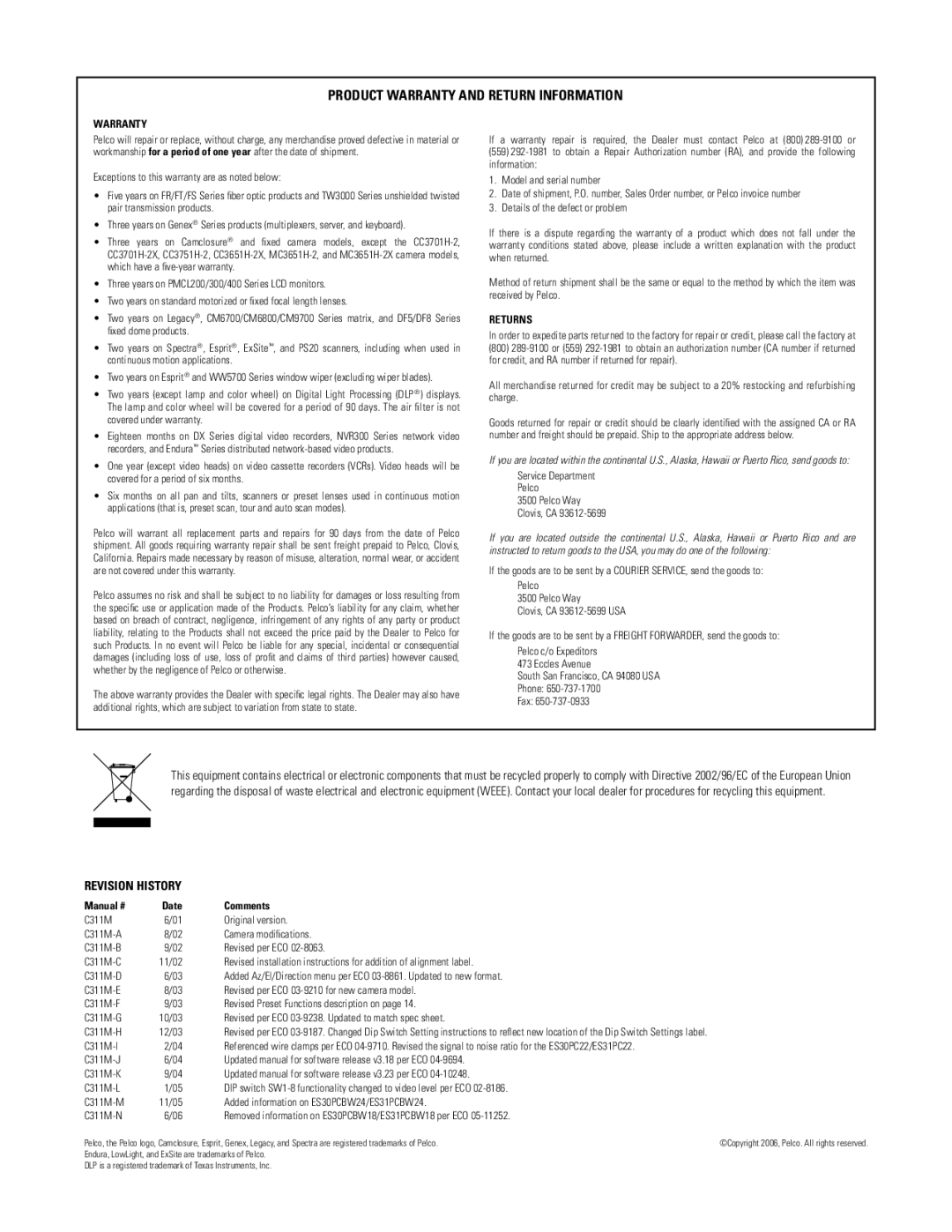 Pelco ES31PC, ES30PC manual Product Warranty and Return Information 