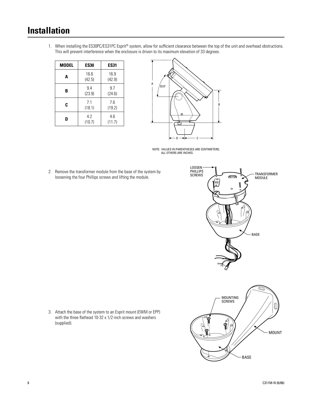 Pelco ES30PC, ES31PC manual Installation, ES30 ES31 