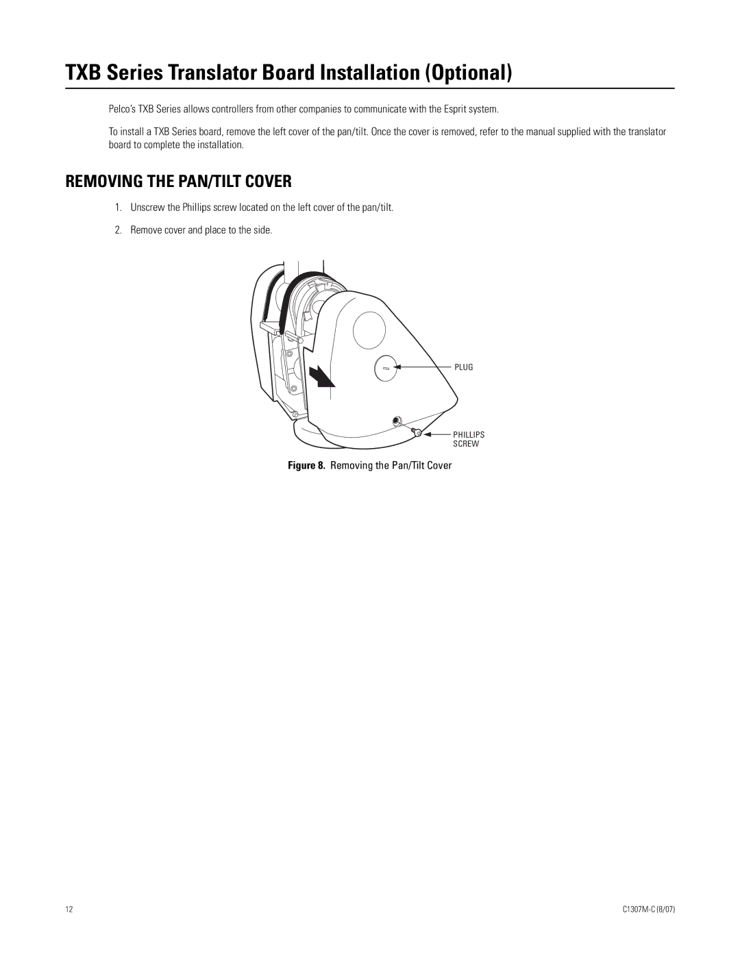 Pelco ES30TI manual TXB Series Translator Board Installation Optional, Removing the PAN/TILT Cover 