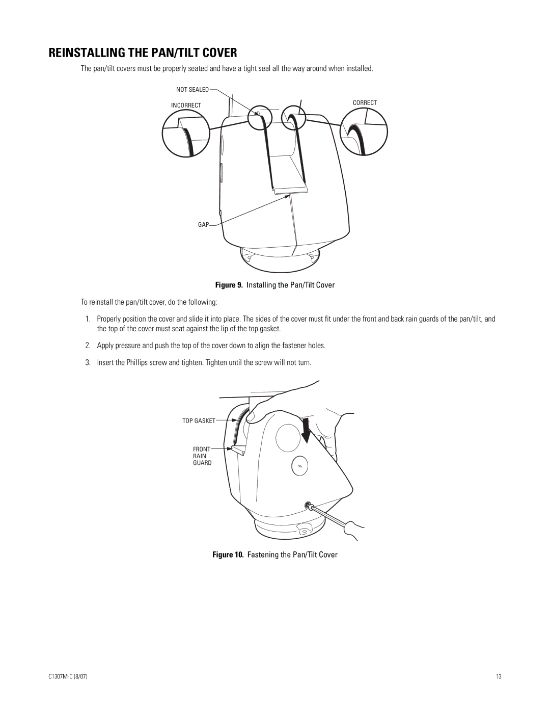 Pelco ES30TI manual Reinstalling the PAN/TILT Cover, Fastening the Pan/Tilt Cover 