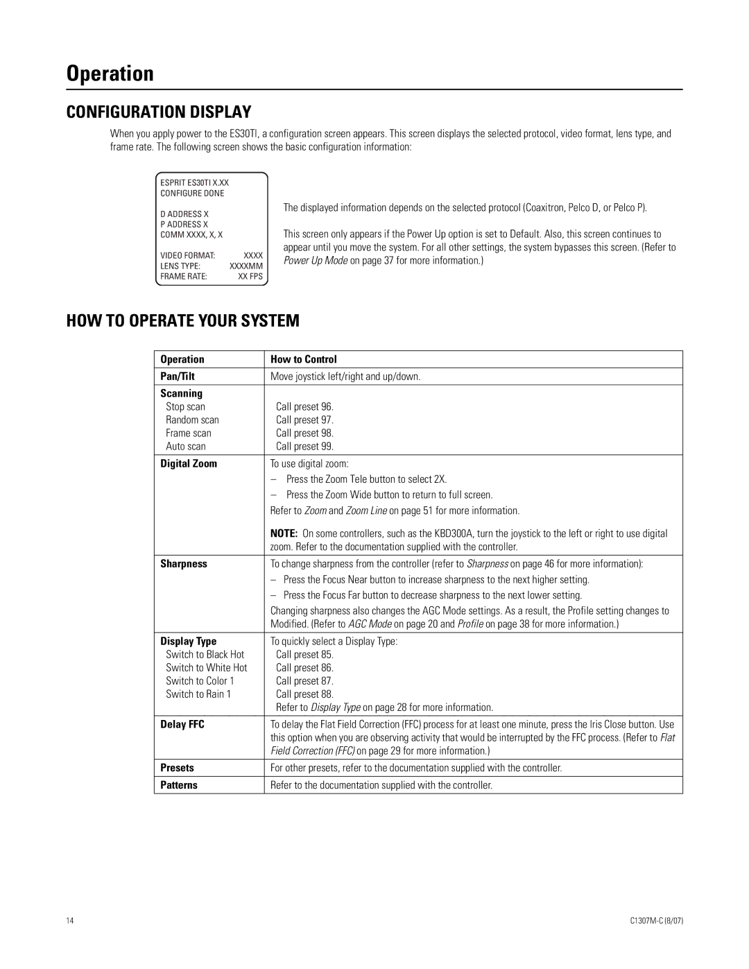 Pelco ES30TI manual Operation, Configuration Display, HOW to Operate Your System 
