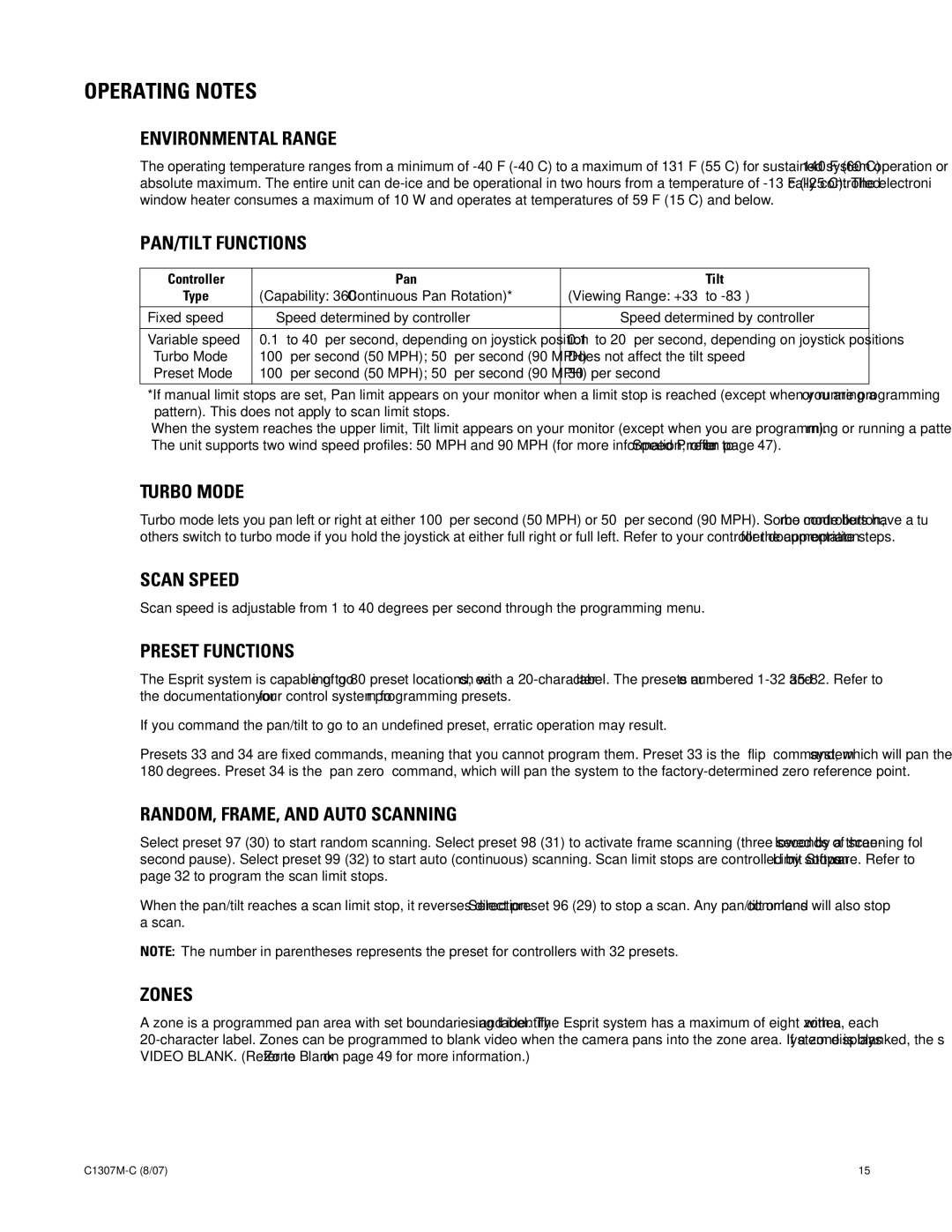 Pelco ES30TI manual Operating Notes, Controller Pan Tilt Type 