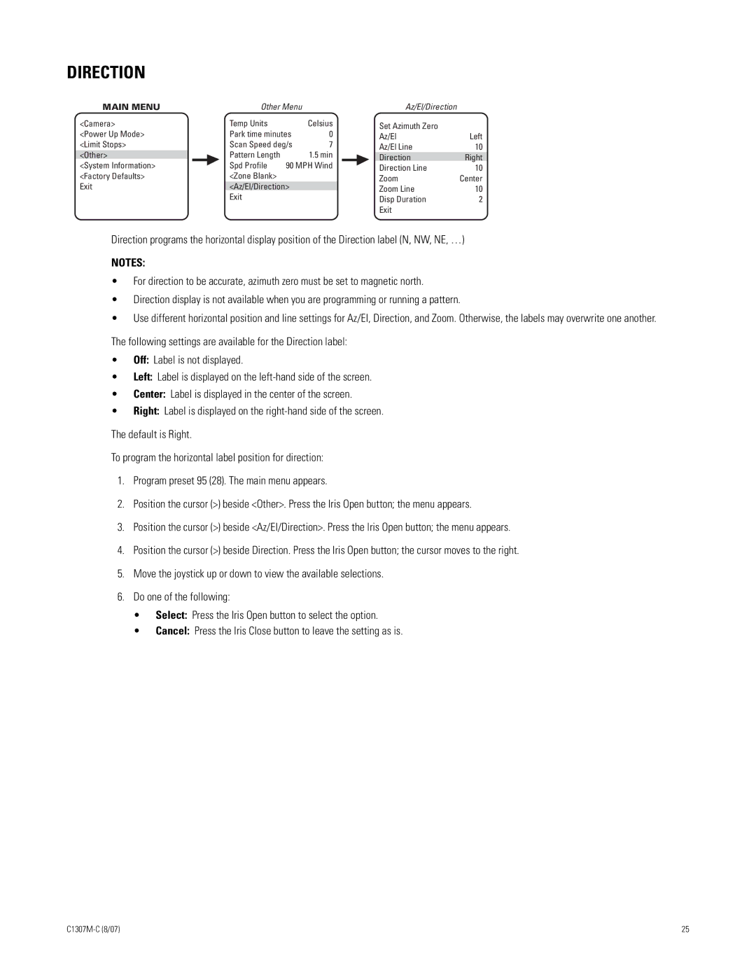 Pelco ES30TI manual Direction 