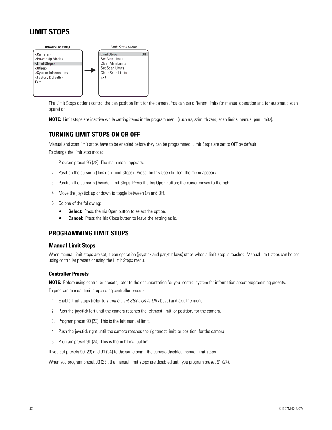 Pelco ES30TI manual Limit Stops, Controller Presets 