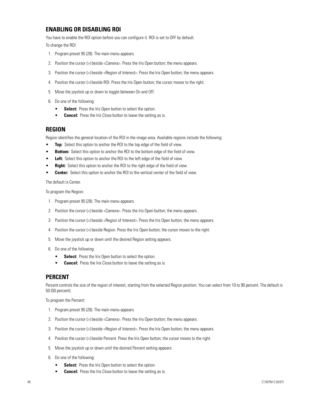 Pelco ES30TI manual Enabling or Disabling ROI 