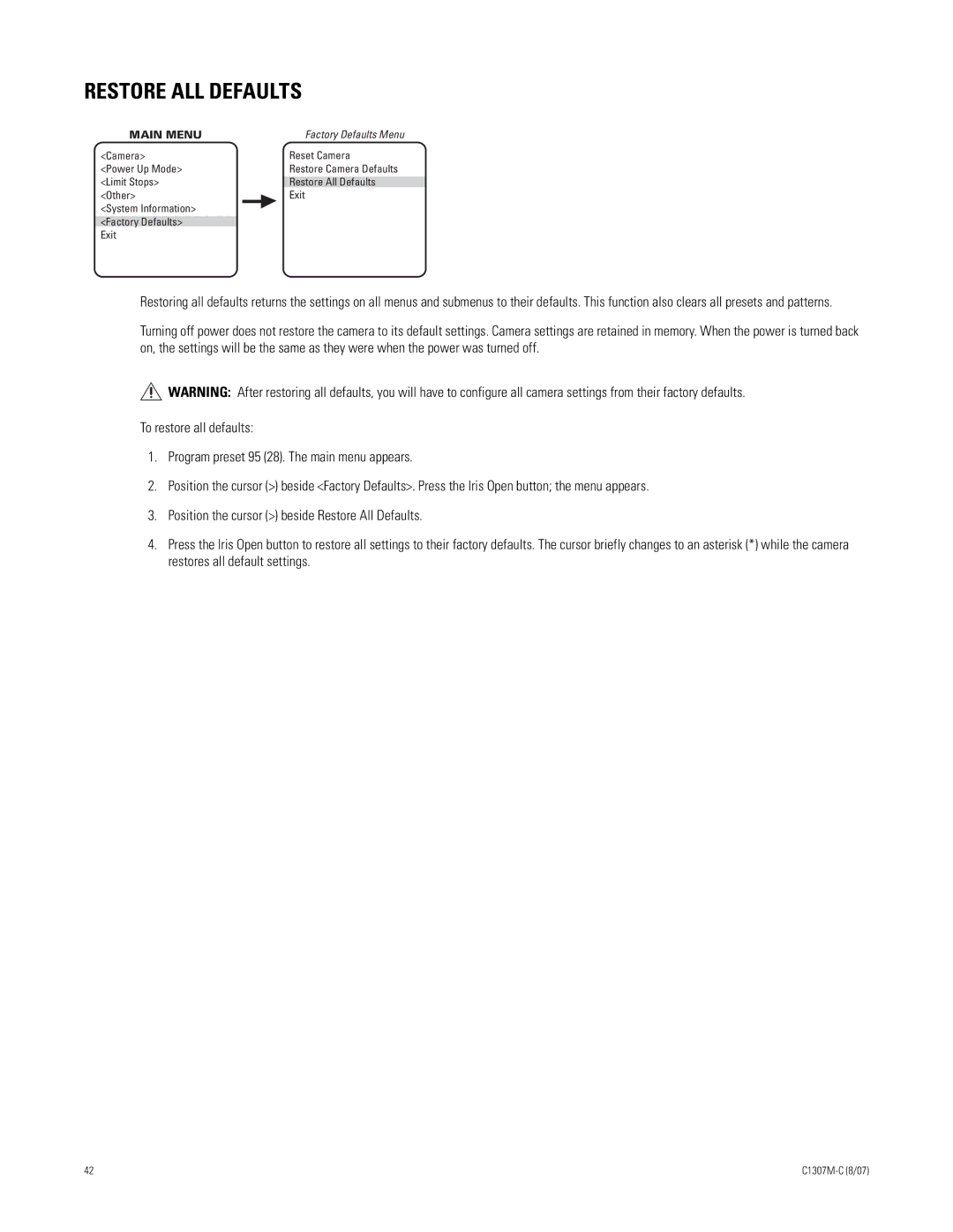 Pelco ES30TI manual Restore ALL Defaults 