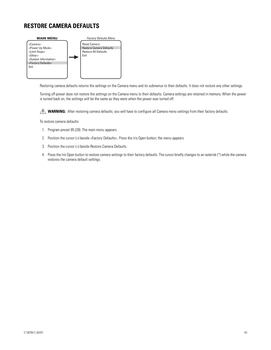 Pelco ES30TI manual Restore Camera Defaults 