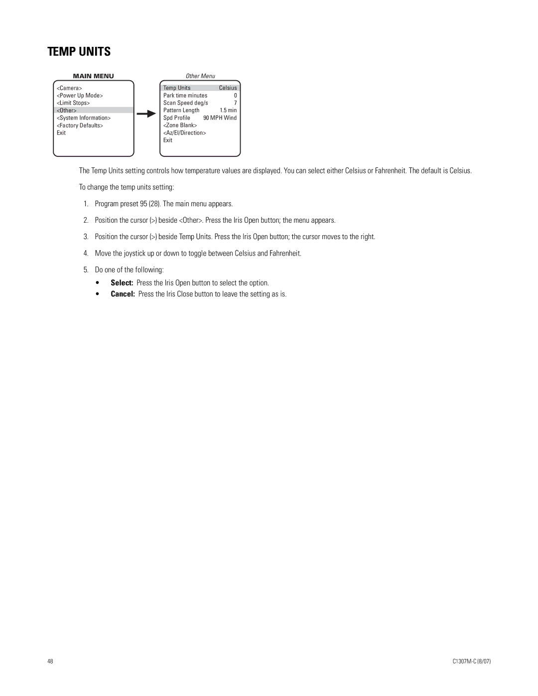 Pelco ES30TI manual Temp Units 