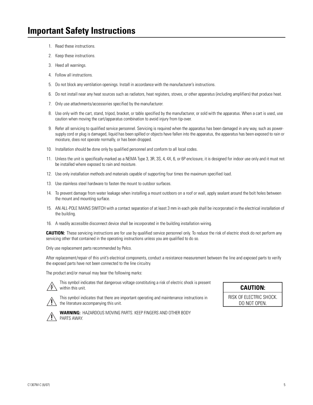 Pelco ES30TI manual Important Safety Instructions 