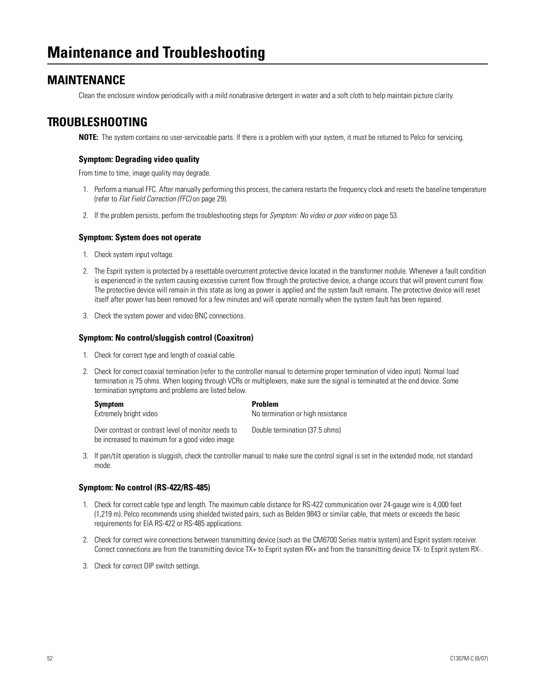 Pelco ES30TI manual Maintenance and Troubleshooting 