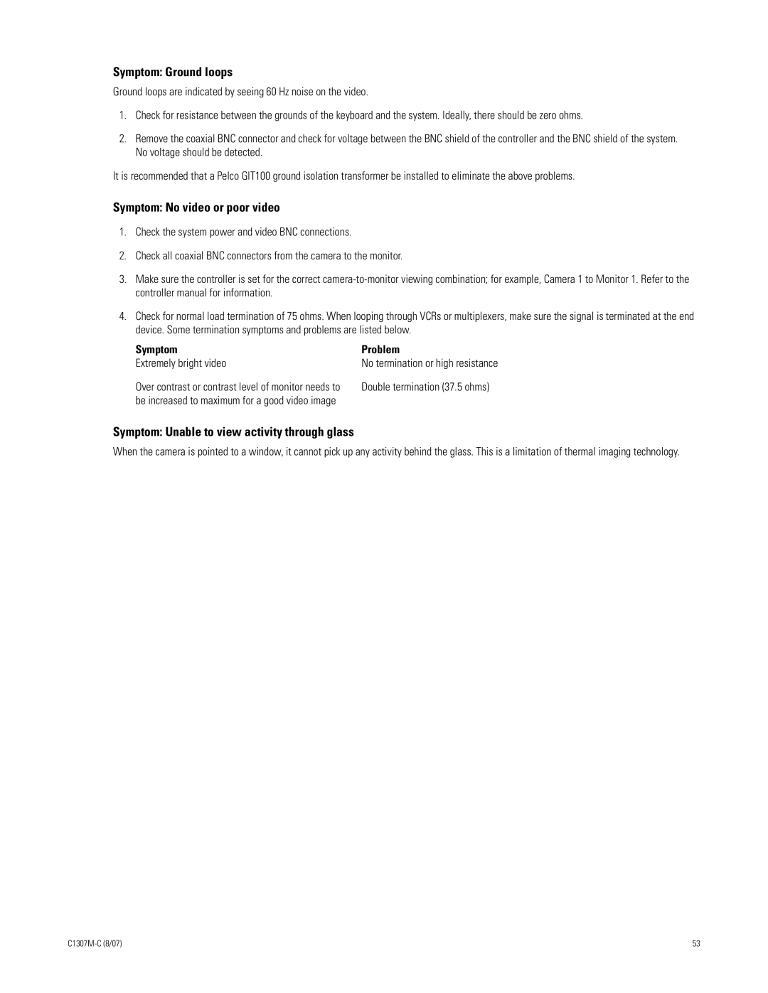 Pelco ES30TI manual Symptom Ground loops, Symptom No video or poor video, Symptom Unable to view activity through glass 