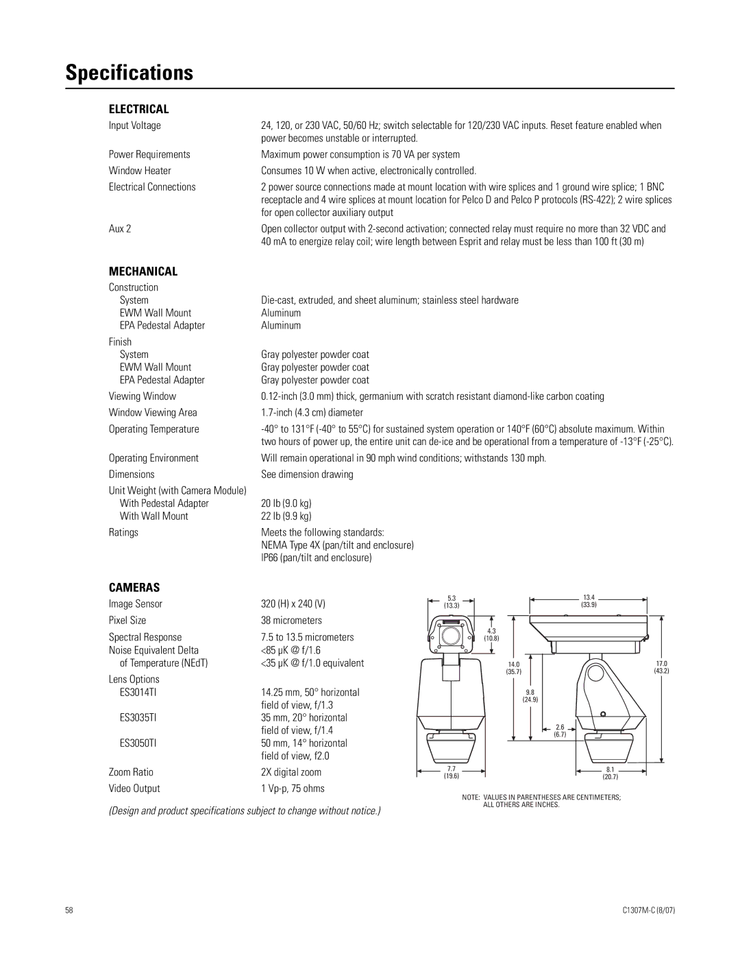 Pelco ES30TI manual Specifications, Electrical 