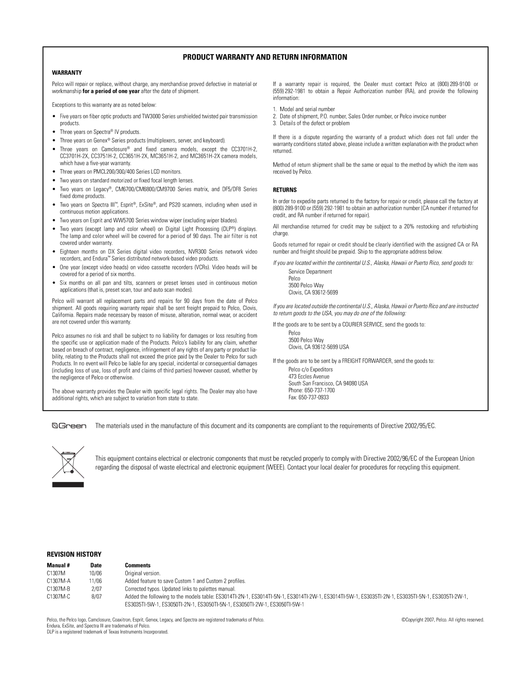 Pelco ES30TI manual Product Warranty and Return Information 