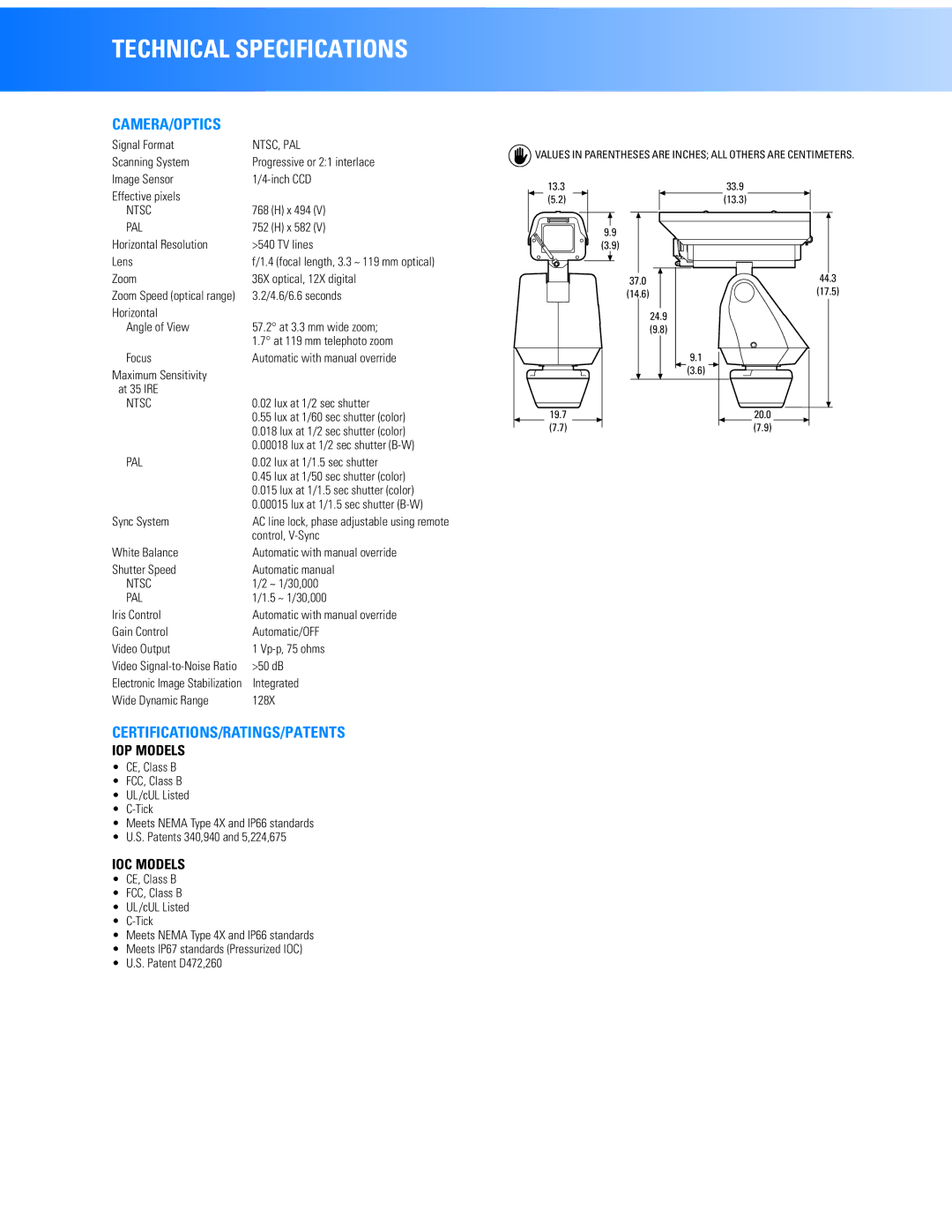 Pelco ES41, ES40 manual Camera/Optics, Certifications/Ratings/Patents, Ntsc, Pal 