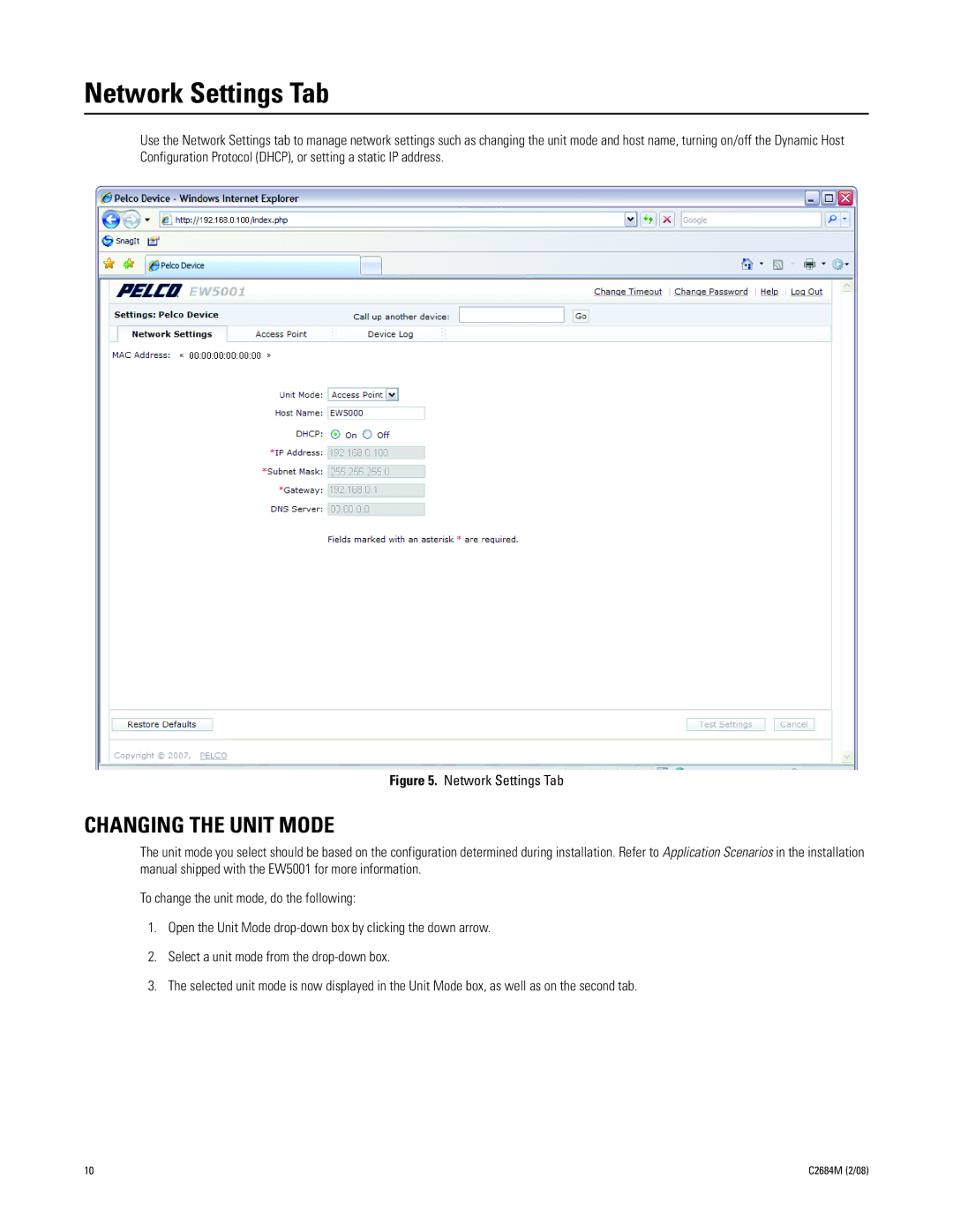 Pelco EW5001 manual Network Settings Tab, Changing the Unit Mode 