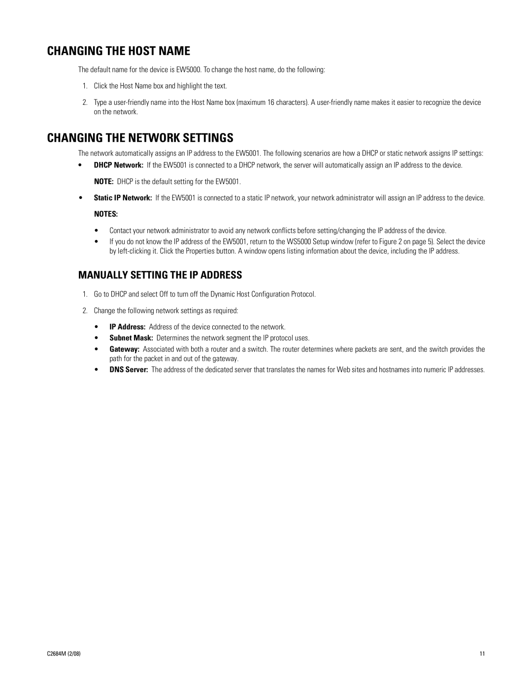 Pelco EW5001 manual Changing the Host Name, Changing the Network Settings, Manually Setting the IP Address 