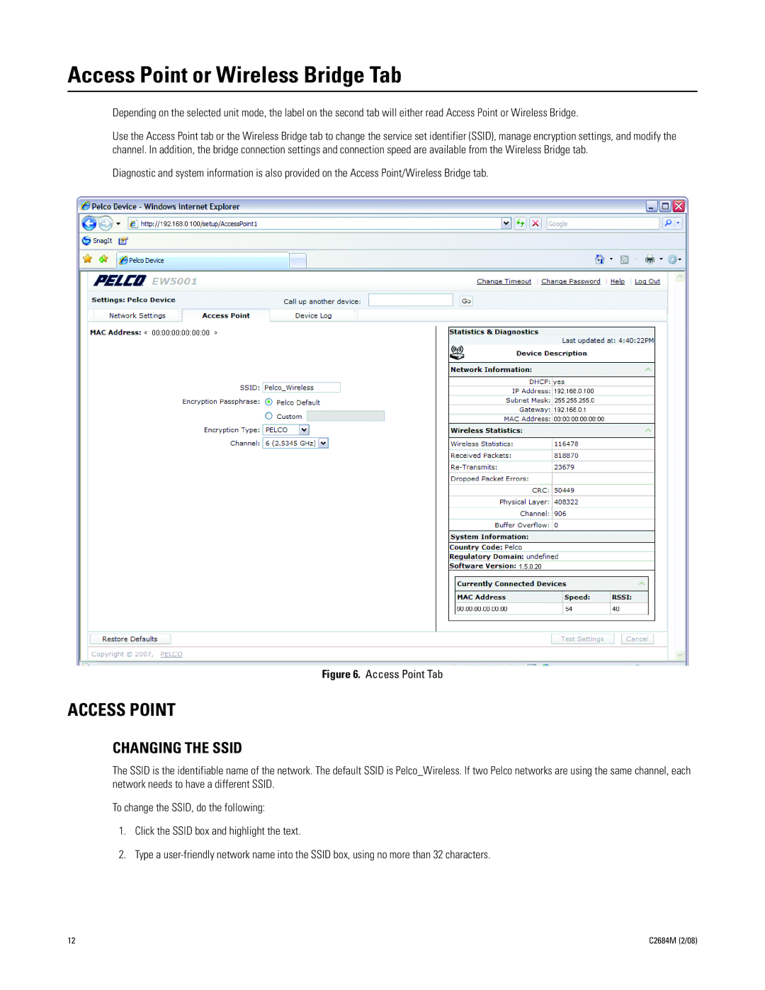 Pelco EW5001 manual Access Point or Wireless Bridge Tab, Changing the Ssid 