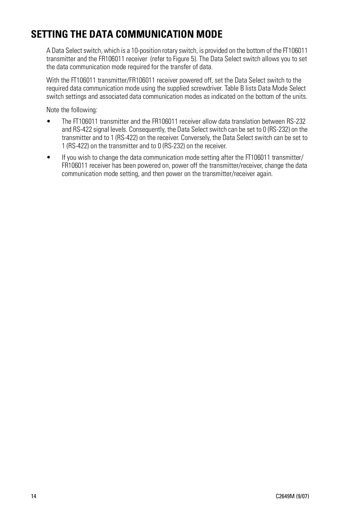 Pelco FR106011 manual Setting the Data Communication Mode 