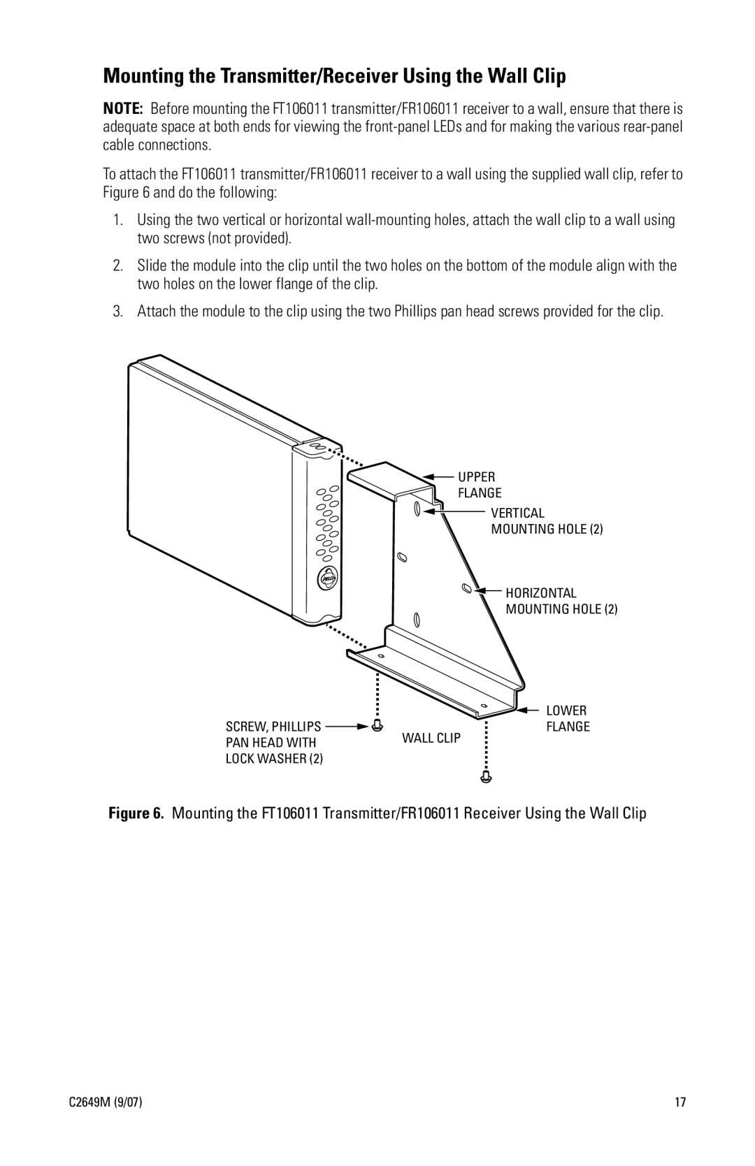 Pelco FR106011 manual Mounting the Transmitter/Receiver Using the Wall Clip 