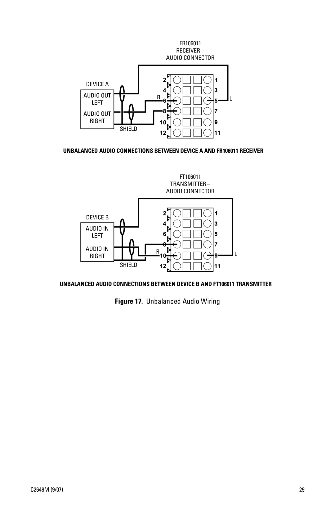 Pelco FR106011 manual Unbalanced Audio Wiring 