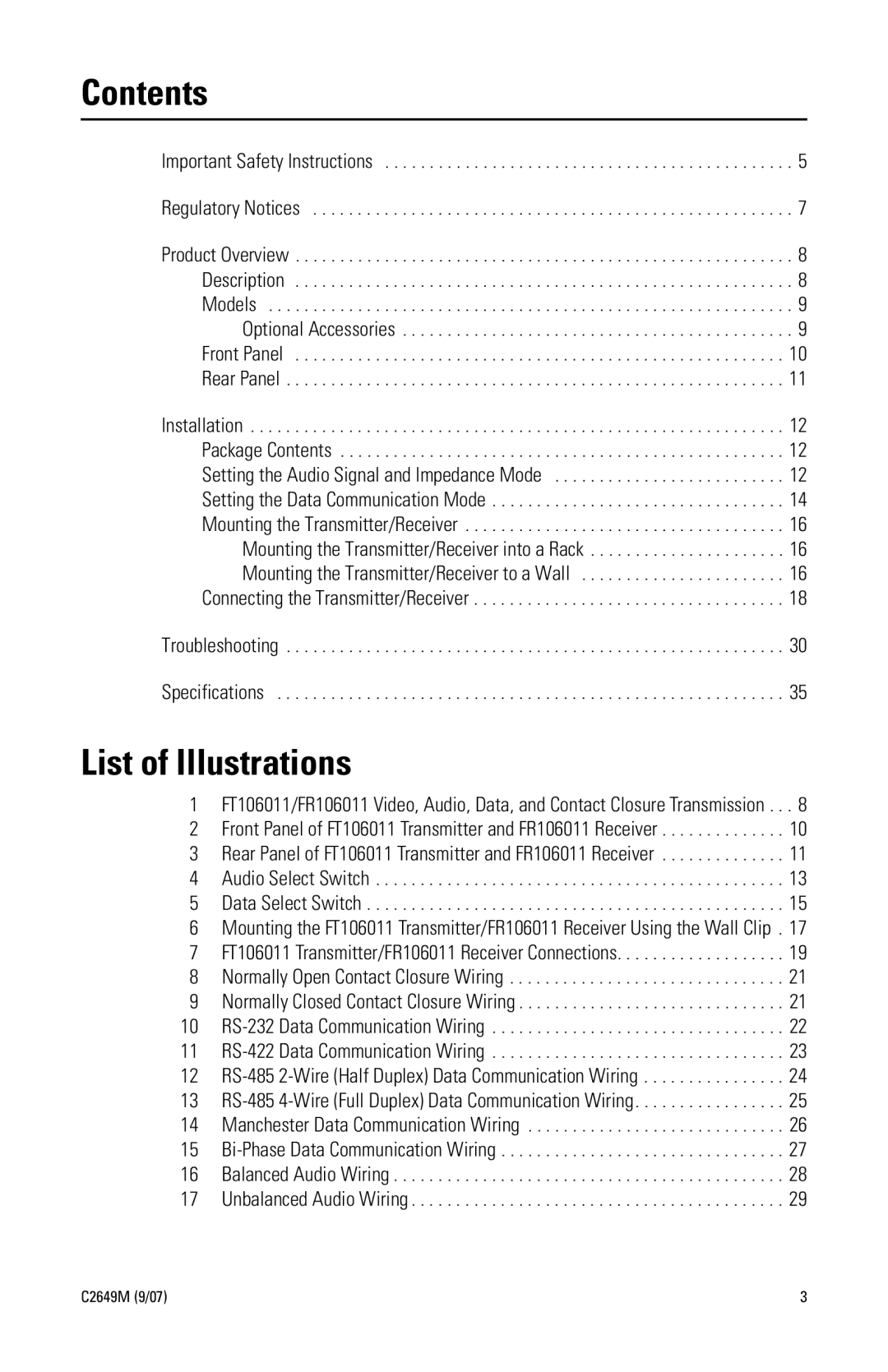 Pelco FR106011 manual Contents, List of Illustrations 