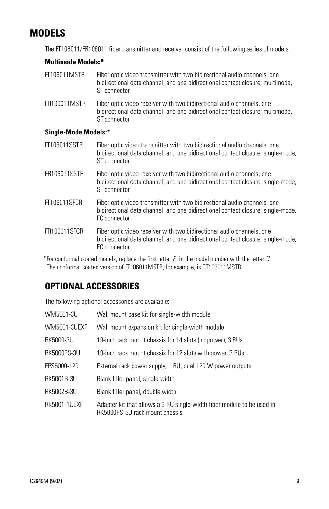 Pelco FR106011 manual Optional Accessories, Multimode Models, Single-ModeModels 