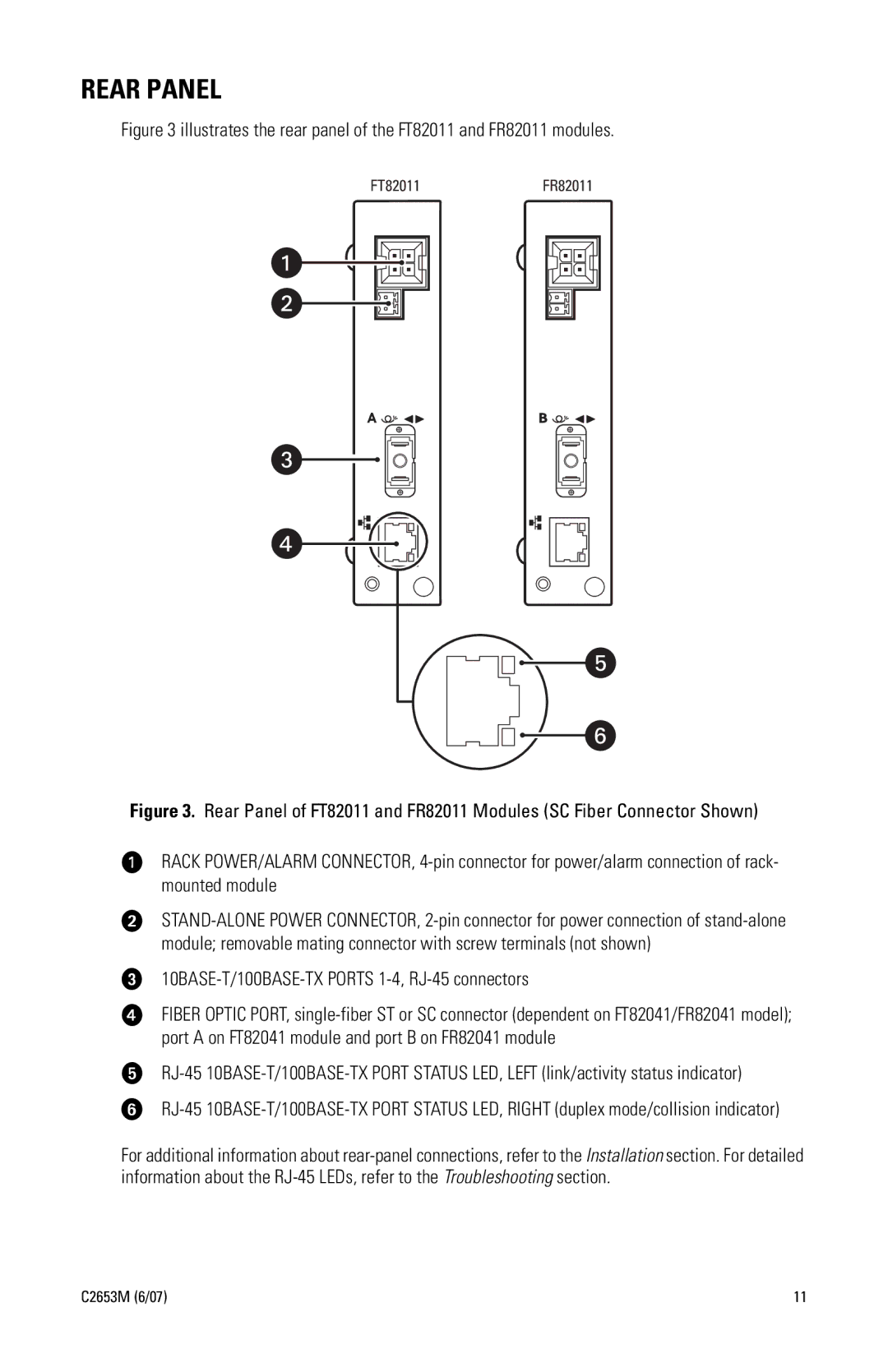 Pelco FR82011 manual Rear Panel, 10BASE-T/100BASE-TX Ports 1-4, RJ-45 connectors 