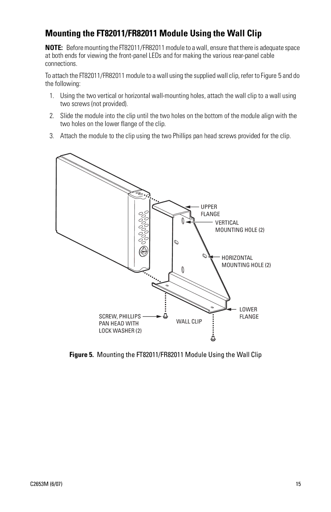 Pelco manual Mounting the FT82011/FR82011 Module Using the Wall Clip 