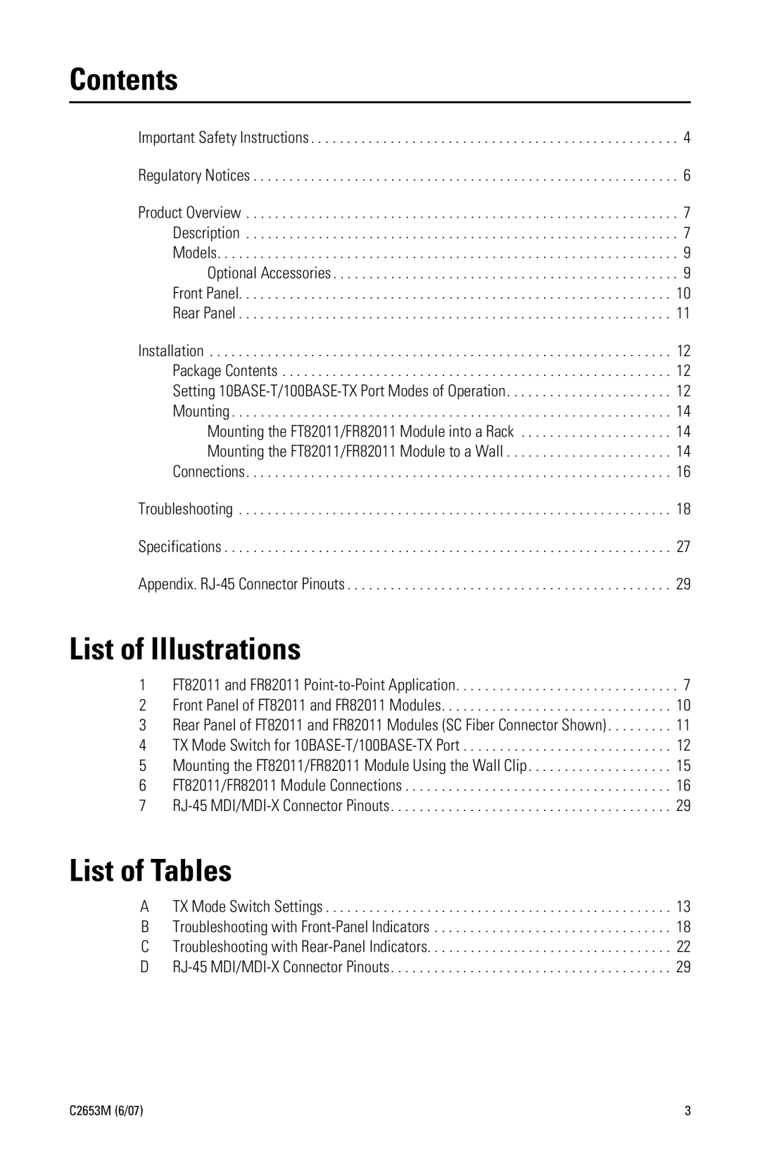 Pelco FR82011 manual Contents, List of Illustrations, List of Tables 