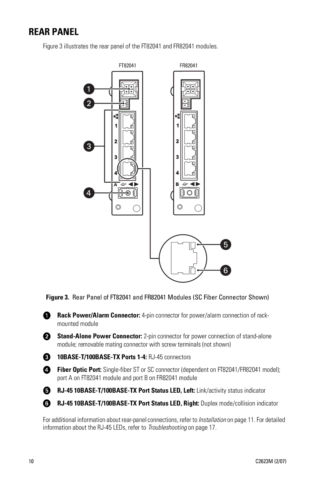 Pelco FR82041 manual Rear Panel, 10BASE-T/100BASE-TX Ports 1-4 RJ-45 connectors 