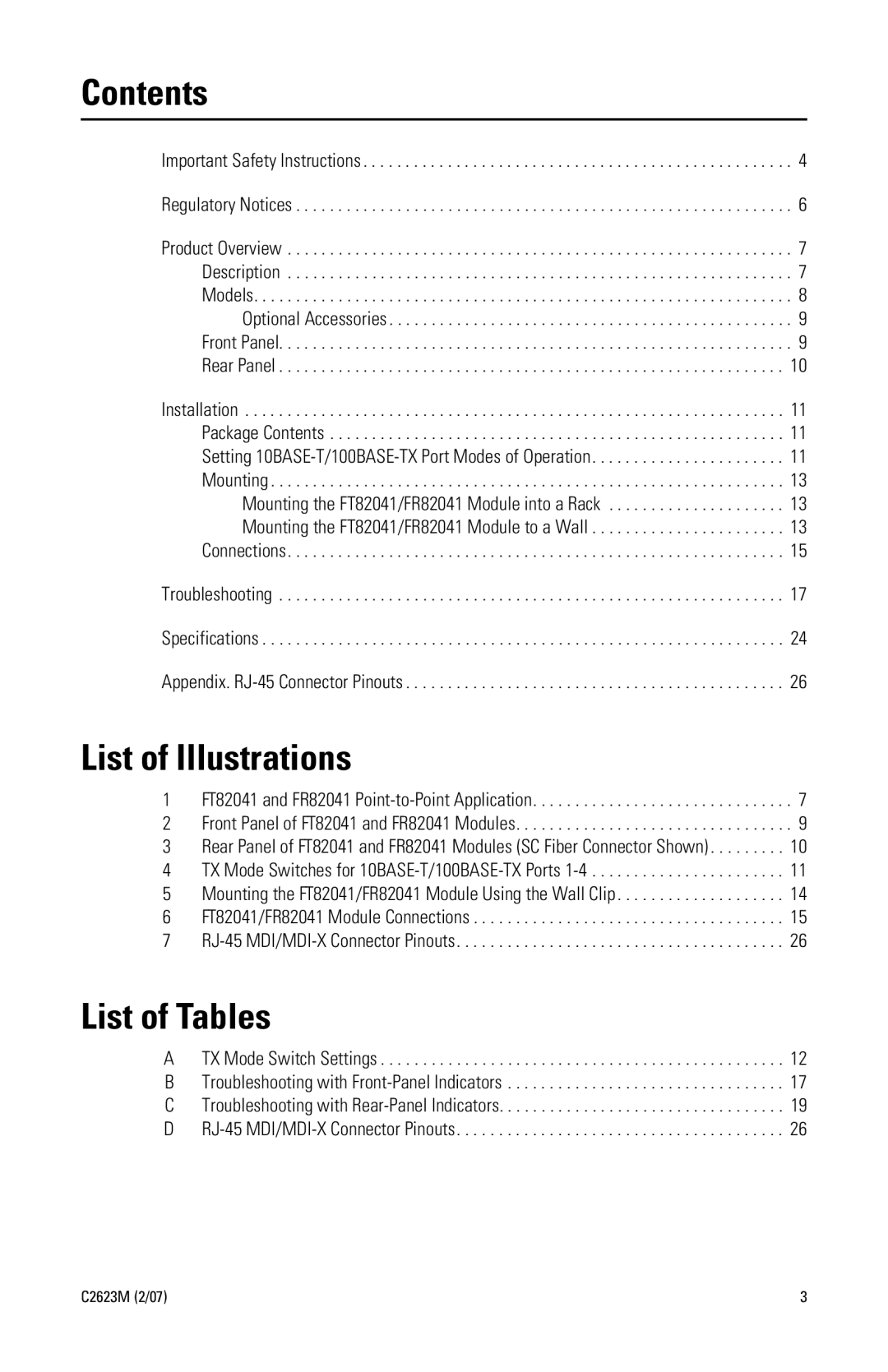 Pelco FR82041 manual Contents, List of Illustrations, List of Tables 