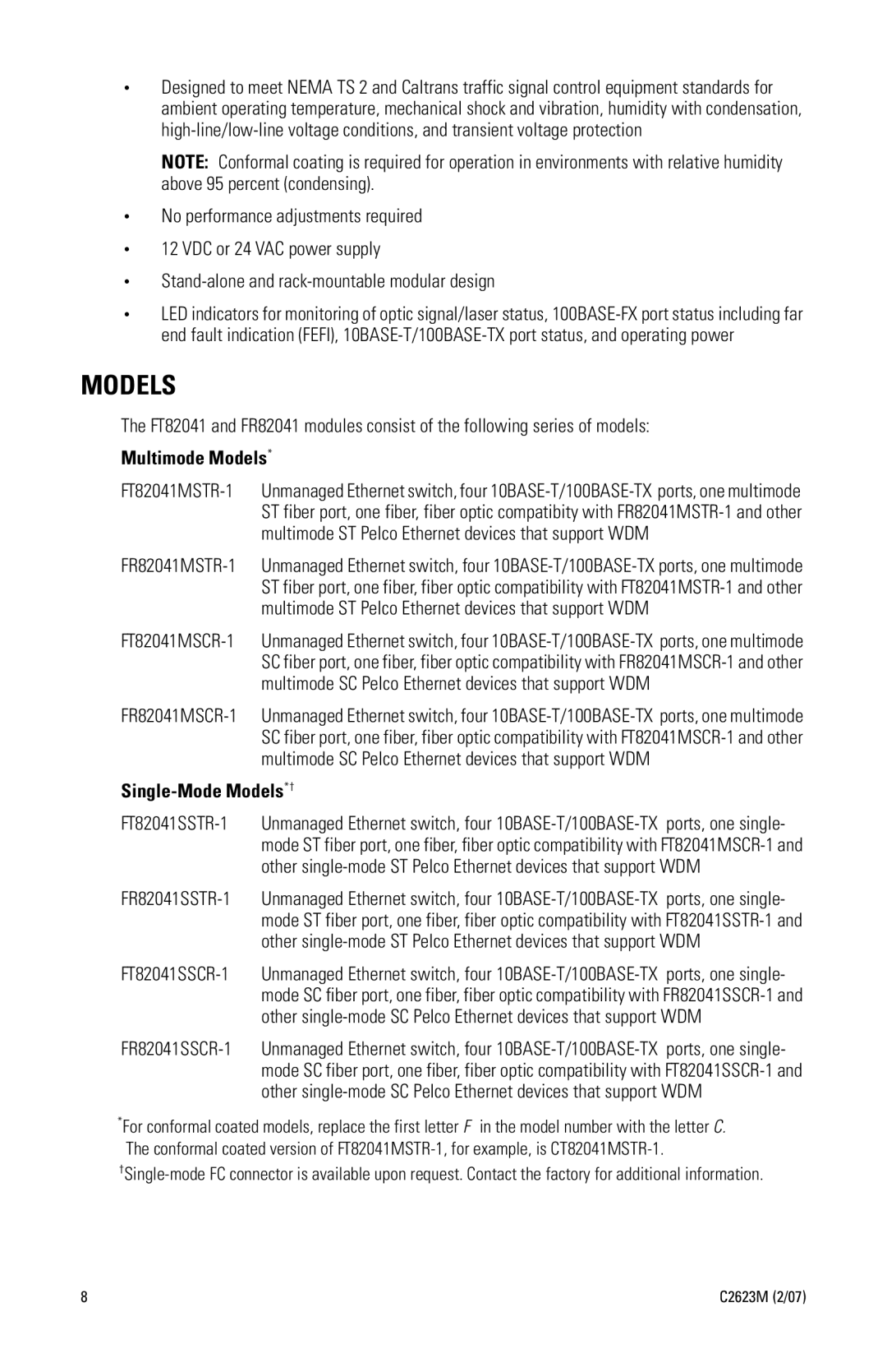 Pelco FR82041 manual Multimode Models, Single-Mode Models*† 