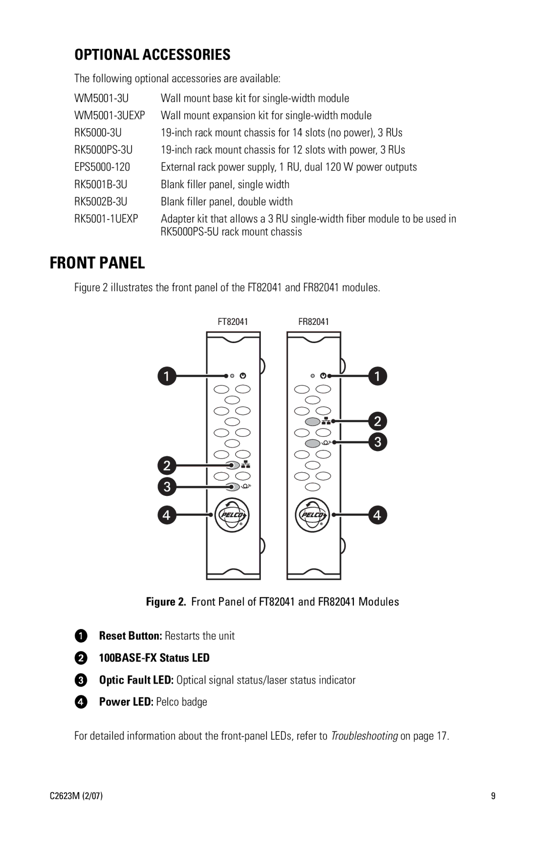 Pelco FR82041 manual Front Panel, RK5000PS-5U rack mount chassis, 100BASE-FX Status LED, Power LED Pelco badge 