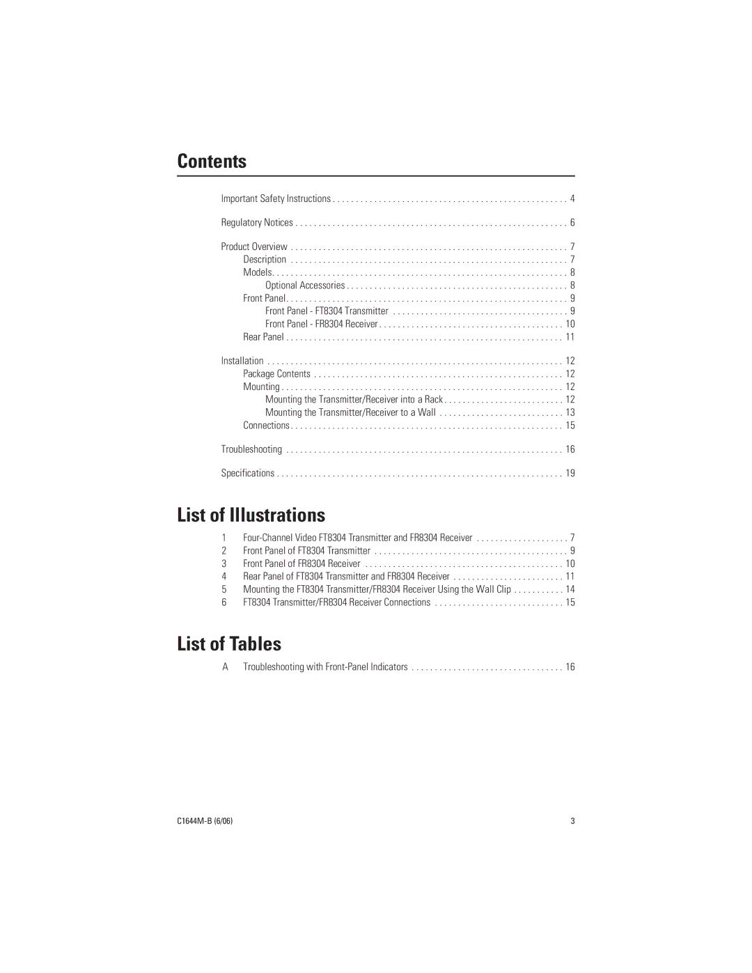 Pelco FR8304 manual Contents, List of Illustrations, List of Tables 