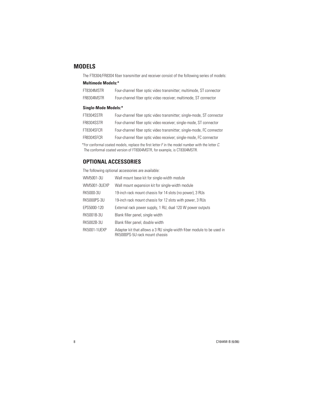 Pelco FR8304 manual Multimode Models, Single-Mode Models 