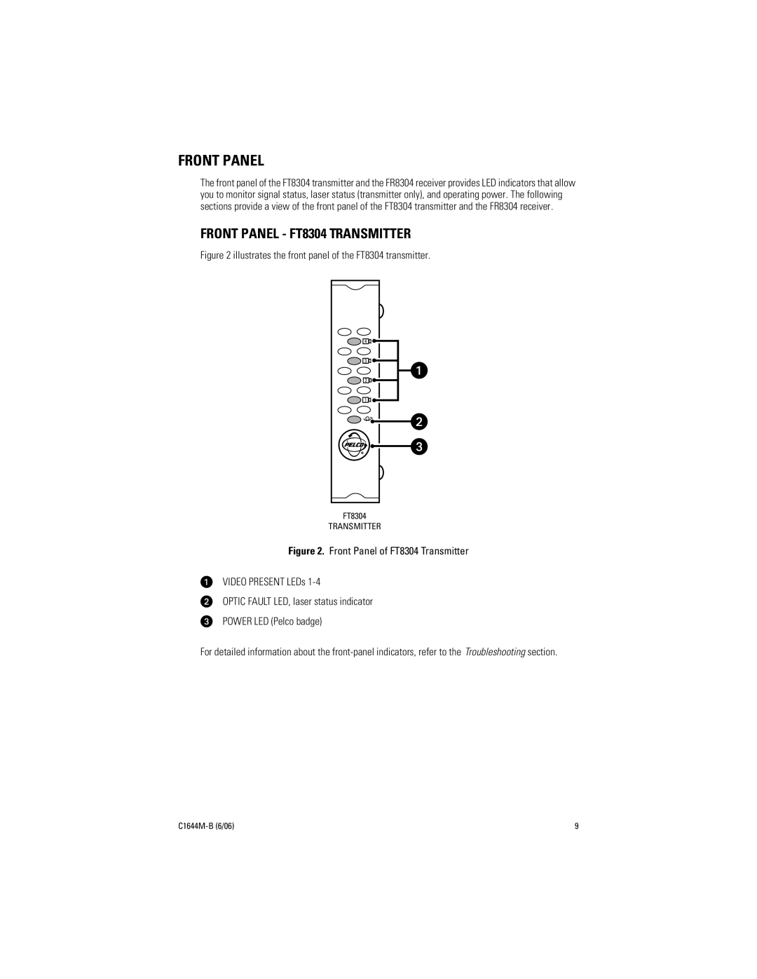 Pelco FR8304 manual Front Panel, Illustrates the front panel of the FT8304 transmitter 