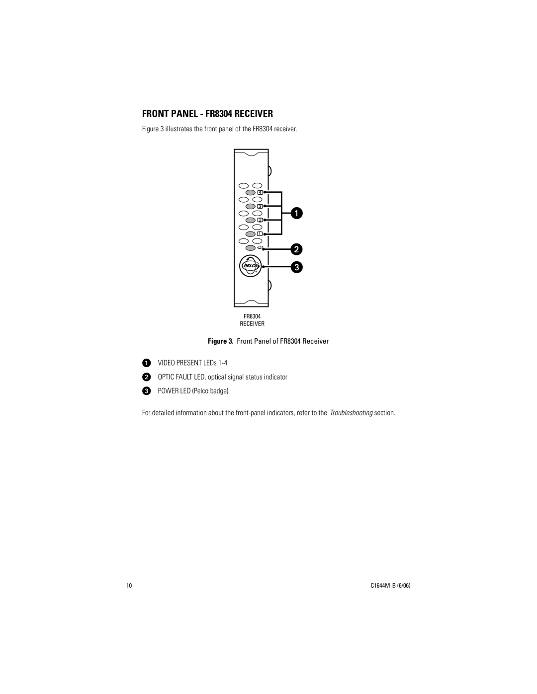 Pelco manual FRONT PANEL - FR8304 RECEIVER, C1644M-B 6/06 
