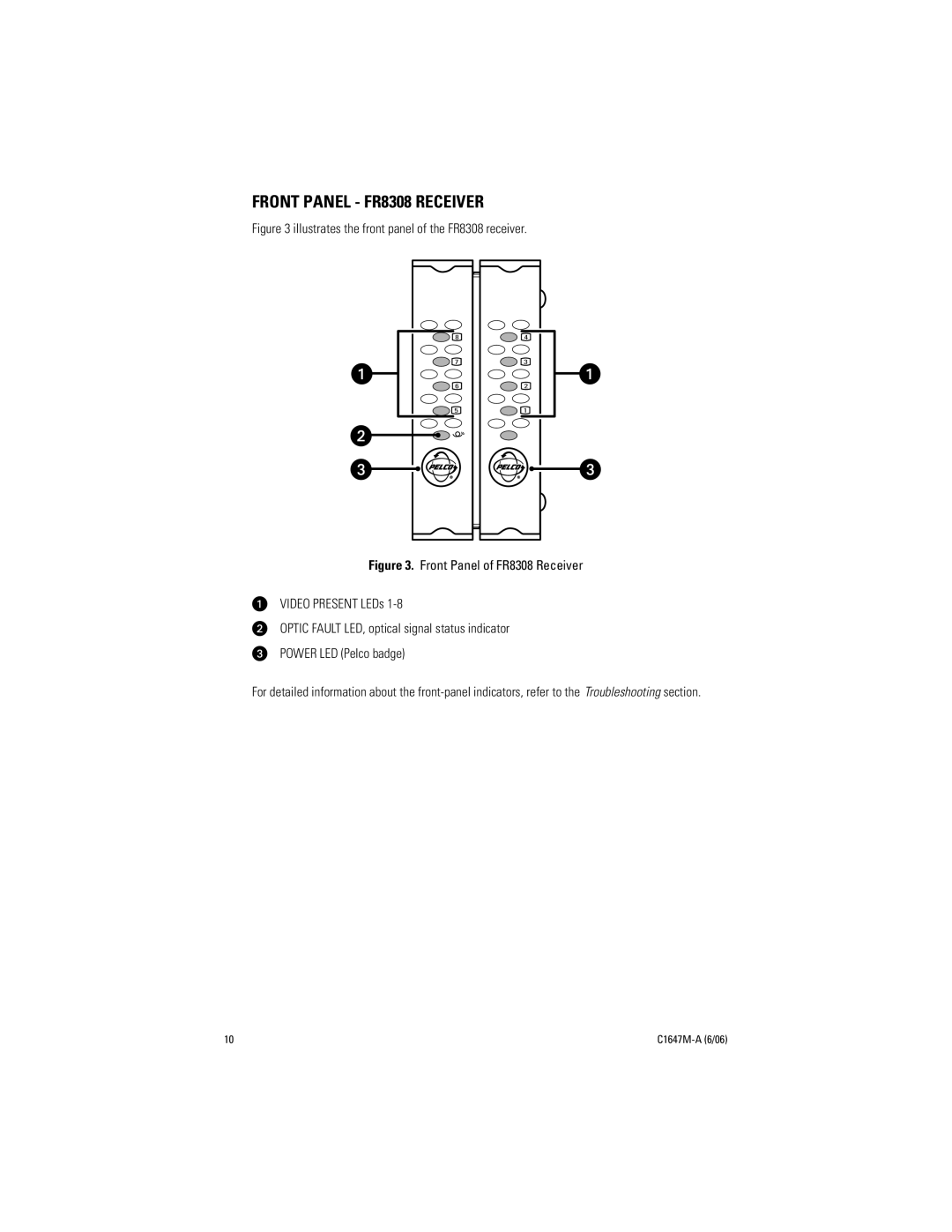 Pelco manual Front Panel FR8308 Receiver, Illustrates the front panel of the FR8308 receiver 