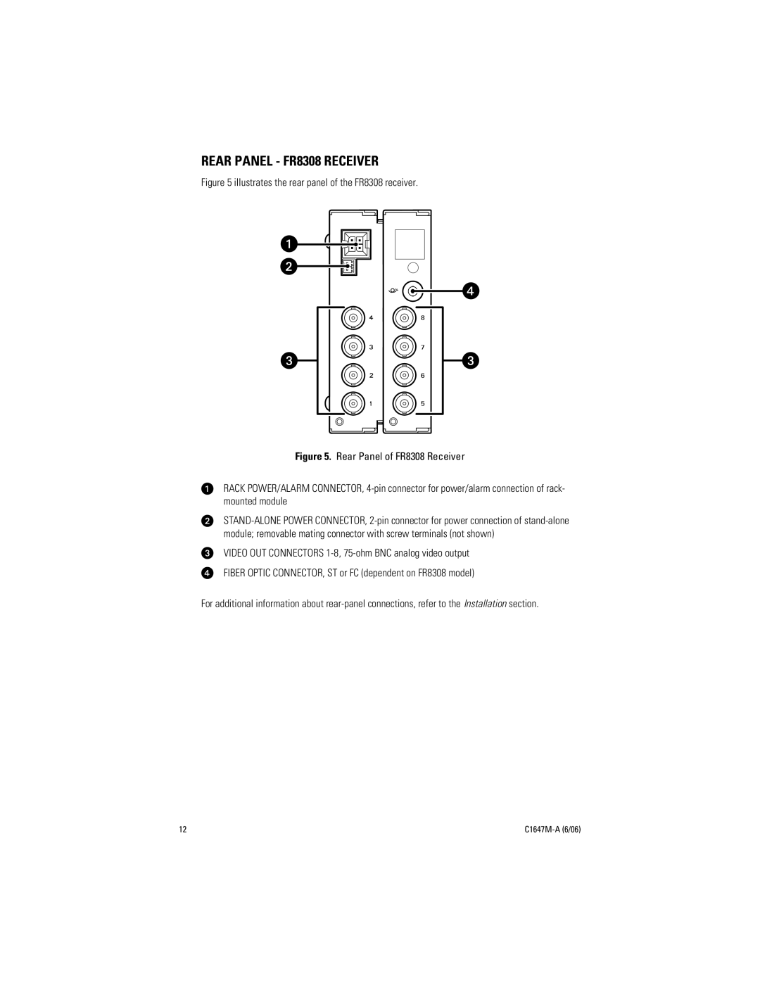 Pelco manual Rear Panel FR8308 Receiver, Illustrates the rear panel of the FR8308 receiver 