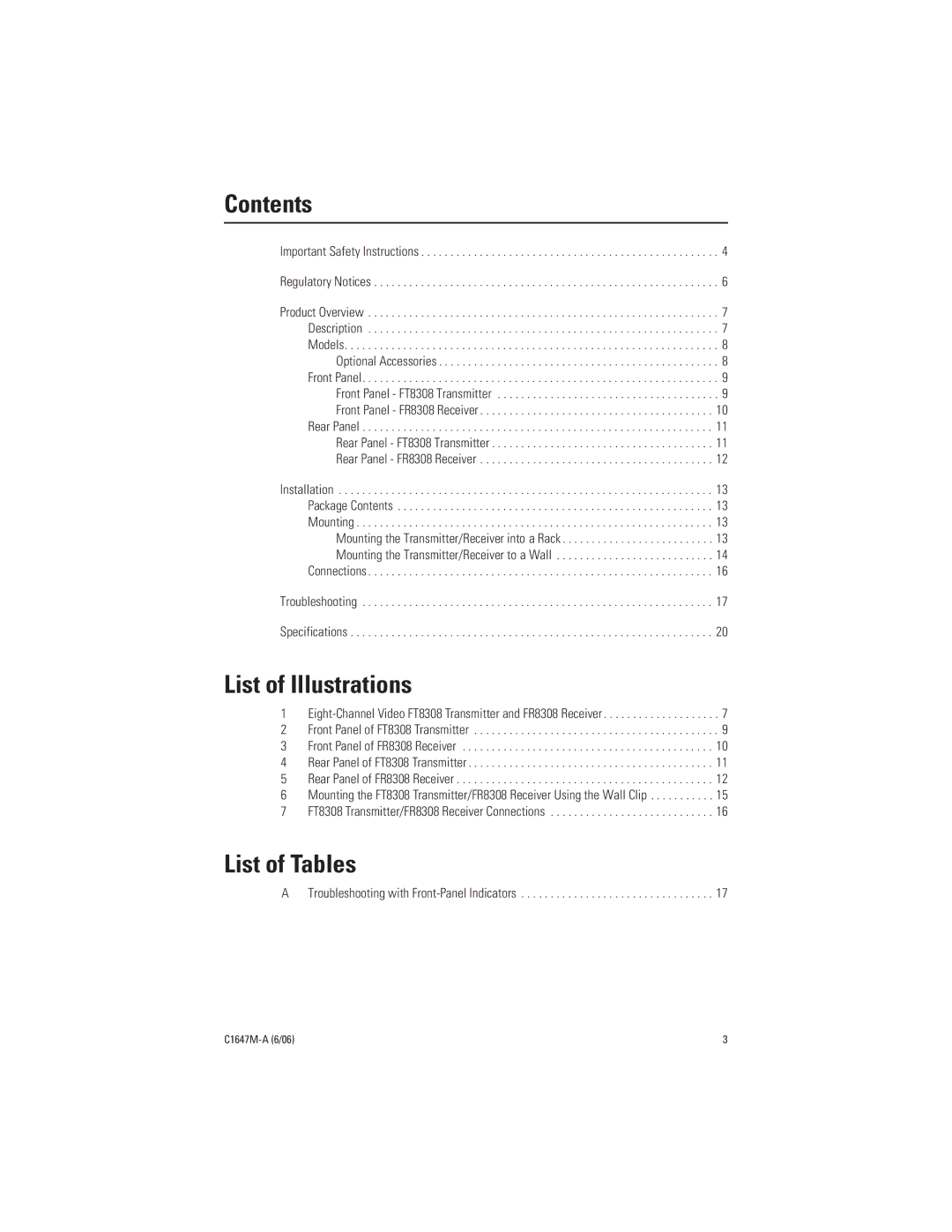 Pelco FR8308 manual Contents, List of Illustrations, List of Tables 