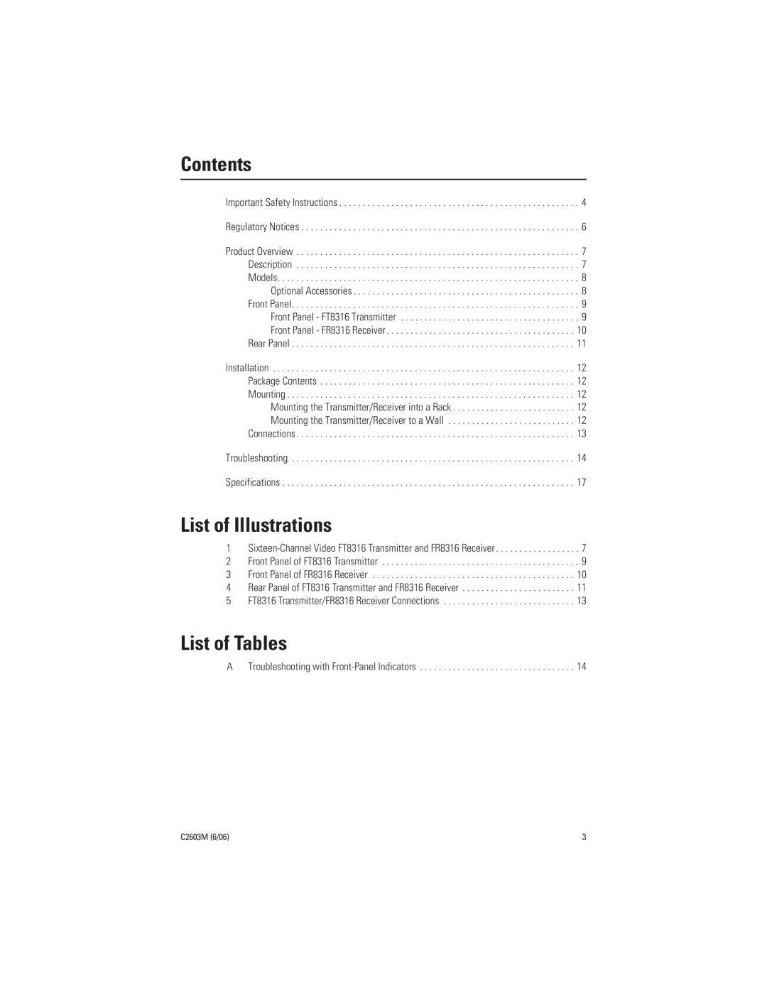 Pelco FR8316 manual Contents, List of Illustrations, List of Tables 