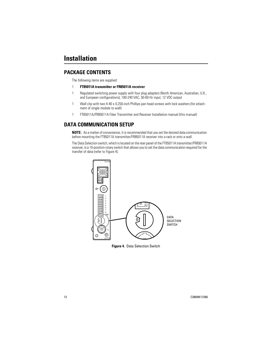 Pelco FR85011A manual Installation, Package Contents, Data Communication Setup 